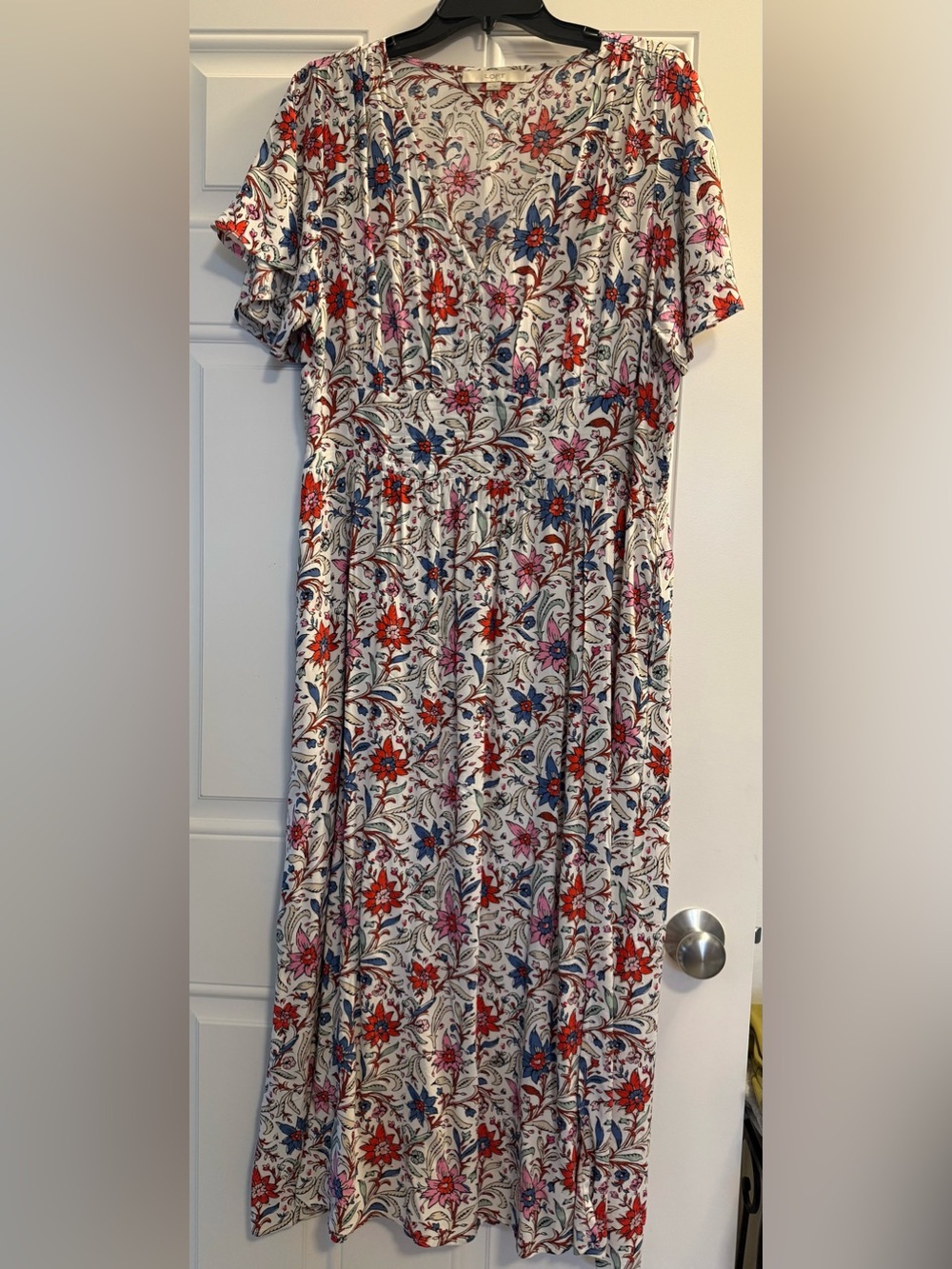 LOFT Floral Maxi Dress in White with Red, Blue & Pink Blooms.